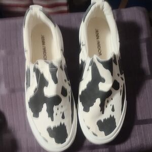 Jenn Ardor Adult. Slip-On Sneakers in Black and White Cow Print